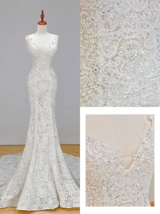 Romantic Bridal Gown Mermaid V Neck Lace White Wedding Dresses Minimalist Bridal Gowns DP1569