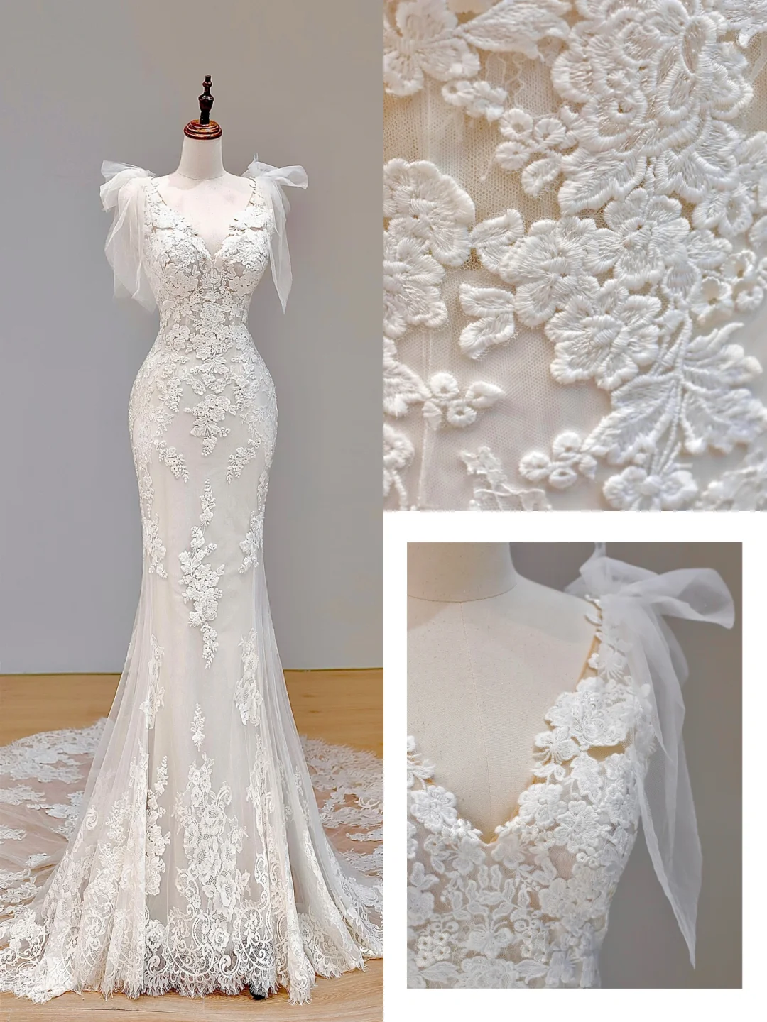 Romantic Bridal Gown Mermaid V Neck Lace White Wedding Dresses Minimalist Bridal Gowns DP1573
