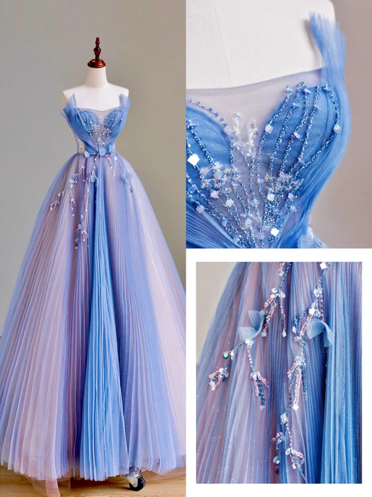 Elegant Glamour Ball Gown Strapless Blue Tulle Long Prom Dresses Party Dress Evening Dress DP1576