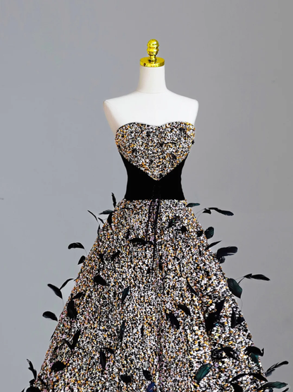 Elegant Glamour Ball Gown Strapless Black Sequin Long Prom Dresses Party Dress Evening Dress DP1578