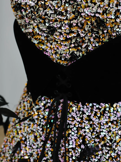 Elegant Glamour Ball Gown Strapless Black Sequin Long Prom Dresses Party Dress Evening Dress DP1578