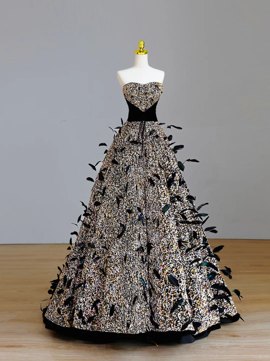 Elegant Glamour Ball Gown Strapless Black Sequin Long Prom Dresses Party Dress Evening Dress DP1578