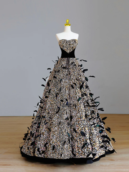 Elegant Glamour Ball Gown Strapless Black Sequin Long Prom Dresses Party Dress Evening Dress DP1578