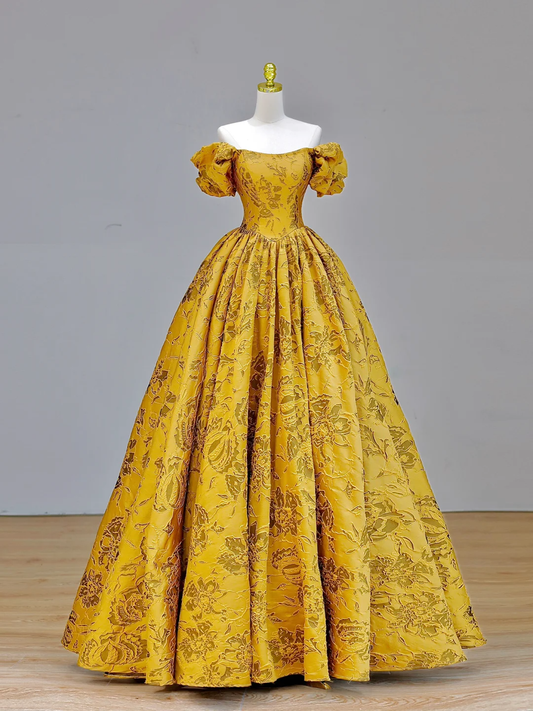 Elegant Glamour Ball Gown Off The Shoulder Yellow Satin Long Prom Dresses Party Dress Evening Dress DP1587