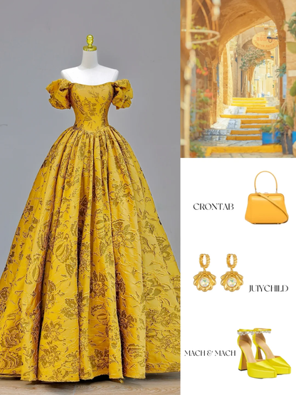 Elegant Glamour Ball Gown Off The Shoulder Yellow Satin Long Prom Dresses Party Dress Evening Dress DP1587