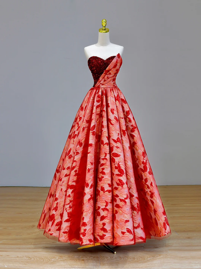 Elegant Glamour Ball Gown Sweetheart Tulle Red Floral 21st Birthday Dresses Evening Gown Birthday Outfits Evening Dress For Women DP1588