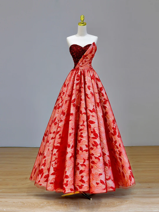 Elegant Glamour Ball Gown Sweetheart Tulle Red Floral 21st Birthday Dresses Evening Gown Birthday Outfits Evening Dress For Women DP1588
