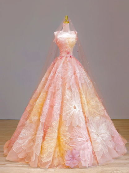 Elegant Glamour Ball Gown Strapless Tulle Pink Floral 21st Birthday Dresses Evening Gown Birthday Outfits Evening Dress For Women DP1589