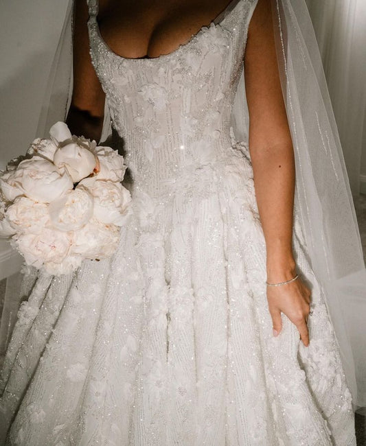 Classic Bridal Dress Ball Gown Square Sequin White Summer Long Wedding Dresses Minimalist Bridal Gowns DP1599