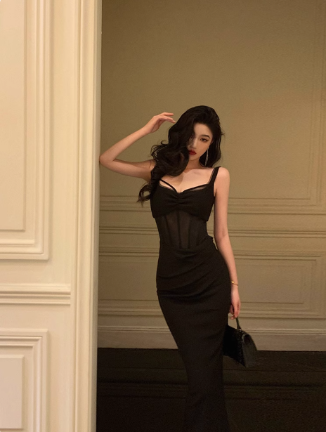 Modest Sheath Spaghetti Straps Black Satin 21st Birthday Dress Party Gown Birthday Outfits Birthday Dress Ideas For Women DP1628