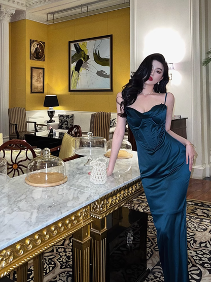 Elegant Glamour Mermaid Spaghetti Straps Blue Long Prom Dress Party Dress Evening Dresses DP1632