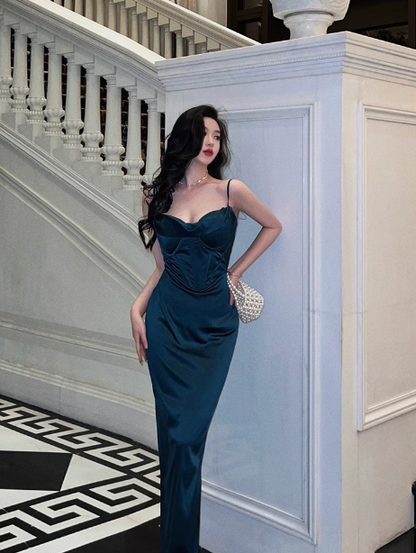 Elegant Glamour Mermaid Spaghetti Straps Blue Long Prom Dress Party Dress Evening Dresses DP1632