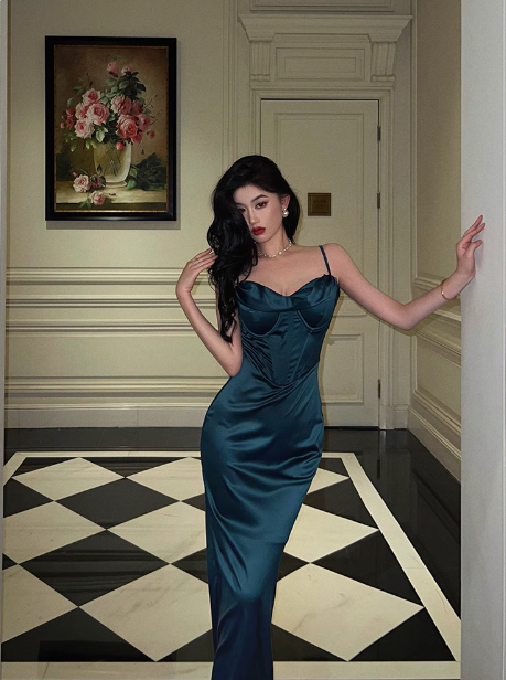 Elegant Glamour Mermaid Spaghetti Straps Blue Long Prom Dress Party Dress Evening Dresses DP1632