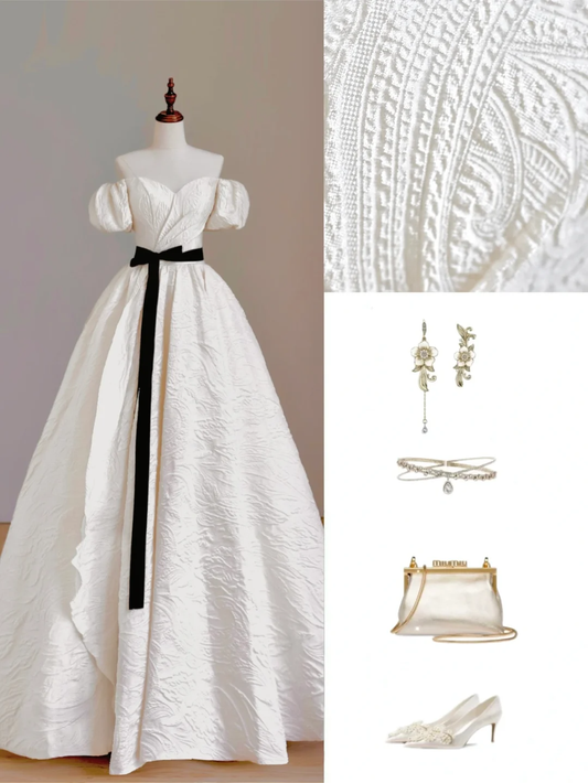 Ethereal Wedding Dress Ball Gown Off The Shoulder Satin White Wedding Dresses Bridal Gowns DP1636