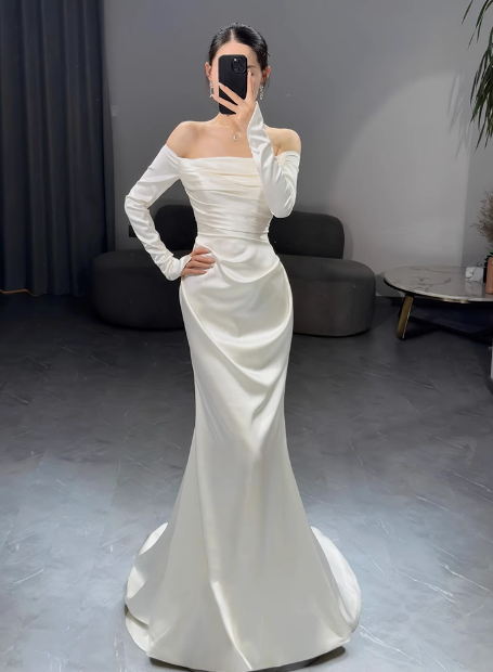 Romantic Bridal Gown Mermaid Off The Shoulder Satin Wedding Dresses Minimalist Bridal Gowns DP1646