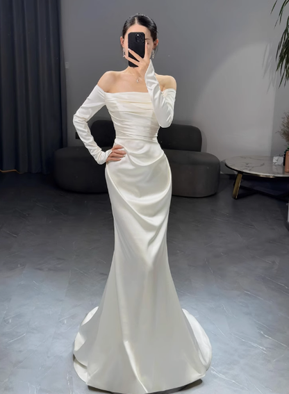 Romantic Bridal Gown Mermaid Off The Shoulder Satin Wedding Dresses Minimalist Bridal Gowns DP1646