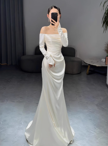Romantic Bridal Gown Mermaid Off The Shoulder Satin Wedding Dresses Minimalist Bridal Gowns DP1646