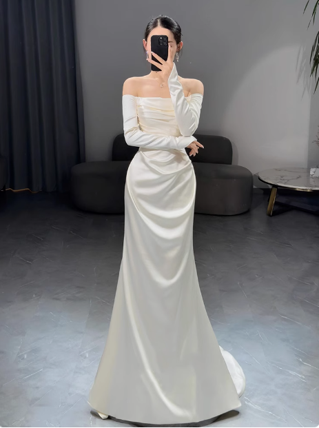 Romantic Bridal Gown Mermaid Off The Shoulder Satin Wedding Dresses Minimalist Bridal Gowns DP1646