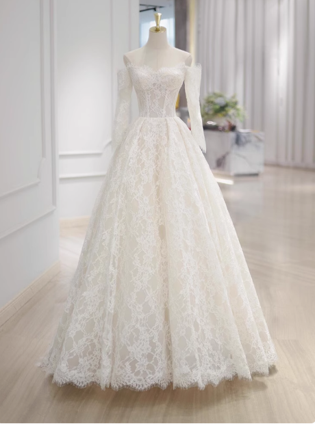 Classic Bridal Gown Ball Gown Off The Shoulder Long Sleeves Lace White Wedding Dresses Minimalist Bridal Gowns DP1647