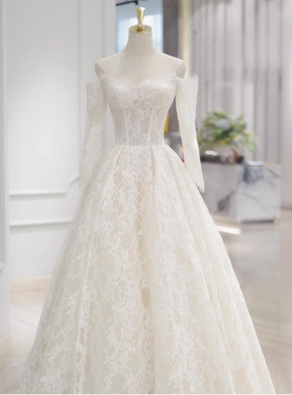 Classic Bridal Gown Ball Gown Off The Shoulder Long Sleeves Lace White Wedding Dresses Minimalist Bridal Gowns DP1647