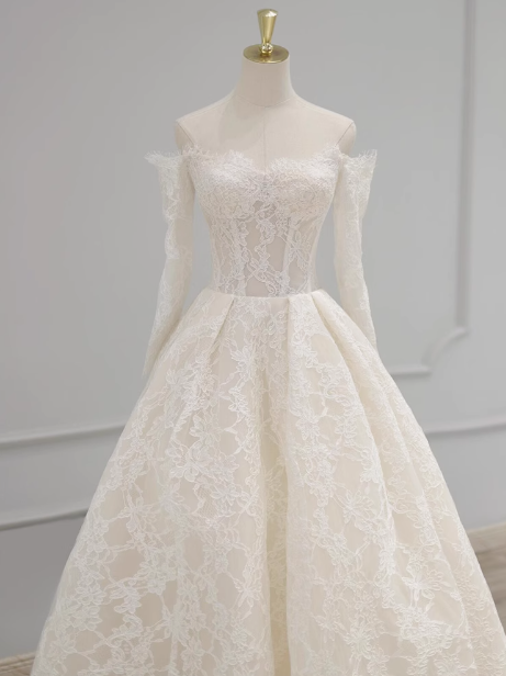 Classic Bridal Gown Ball Gown Off The Shoulder Long Sleeves Lace White Wedding Dresses Minimalist Bridal Gowns DP1647