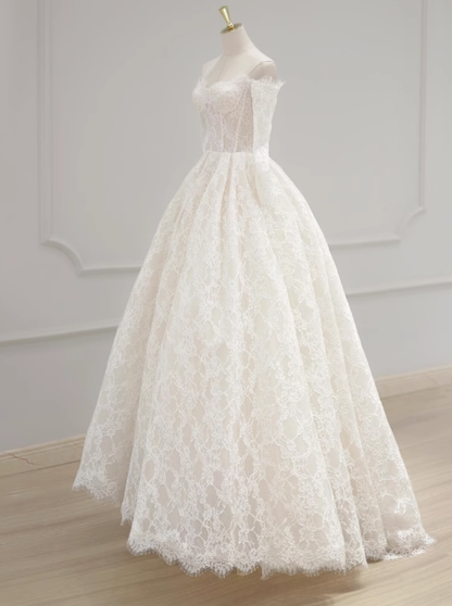 Classic Bridal Gown Ball Gown Off The Shoulder Long Sleeves Lace White Wedding Dresses Minimalist Bridal Gowns DP1647
