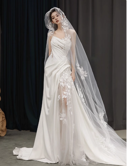 Classic Bridal Gown Sheath One Shoulder Lace White Wedding Dresses Minimalist Bridal Gowns DP1652