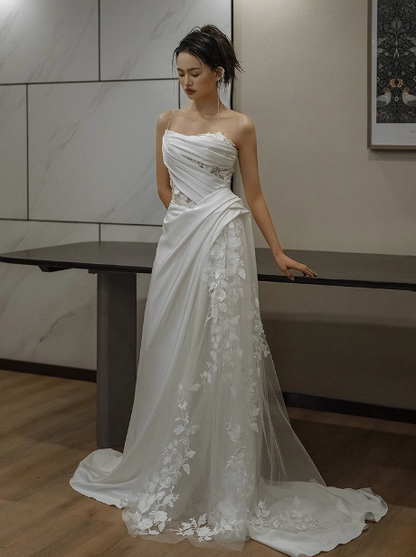 Classic Bridal Gown Sheath One Shoulder Lace White Wedding Dresses Minimalist Bridal Gowns DP1652