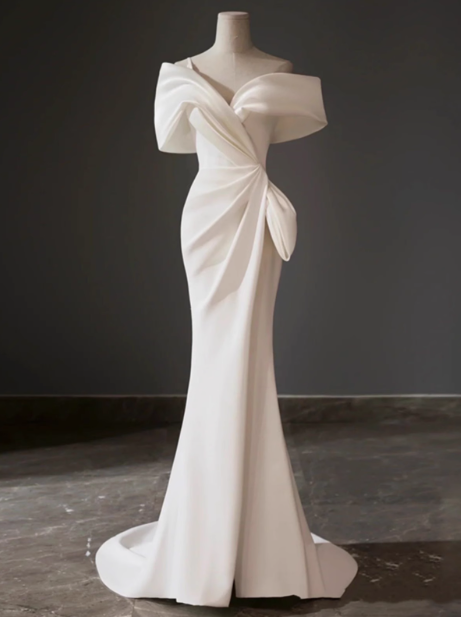 Classic Bridal Gown Mermaid Off The Shoulder Satin White Wedding Dresses Minimalist Bridal Gowns DP1653