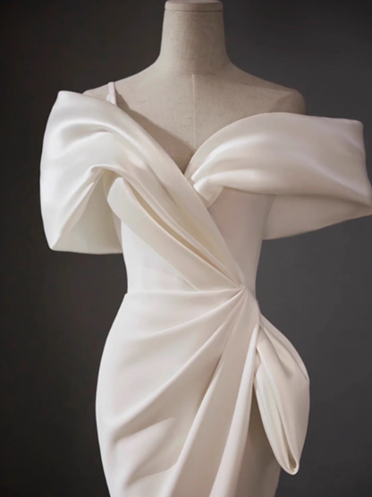Classic Bridal Gown Mermaid Off The Shoulder Satin White Wedding Dresses Minimalist Bridal Gowns DP1653