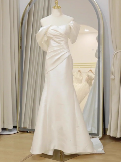 Classic Bridal Gown Mermaid Off The Shoulder Satin White Wedding Dresses Minimalist Bridal Gowns DP1654