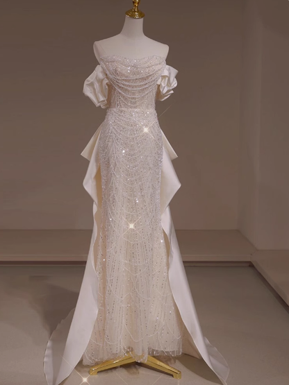 Classic Bridal Gown Mermaid Off The Shoulder Sequin White Wedding Dresses Minimalist Bridal Gowns DP1660