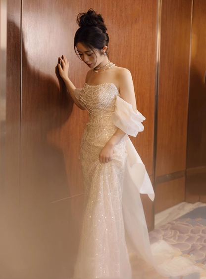 Classic Bridal Gown Mermaid Off The Shoulder Sequin White Wedding Dresses Minimalist Bridal Gowns DP1660