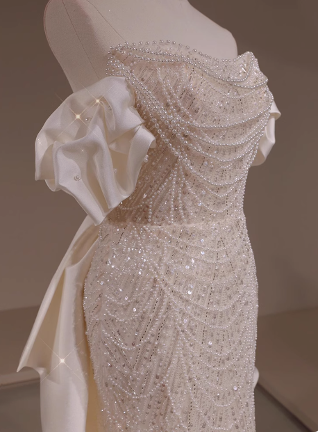 Classic Bridal Gown Mermaid Off The Shoulder Sequin White Wedding Dresses Minimalist Bridal Gowns DP1660