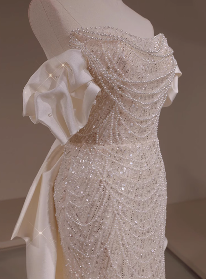 Classic Bridal Gown Mermaid Off The Shoulder Sequin White Wedding Dresses Minimalist Bridal Gowns DP1660