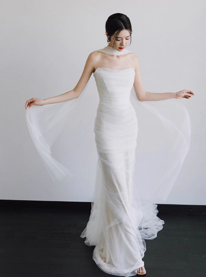 Romantic Bridal Gown Mermaid Strapless Tulle White Wedding Dresses Minimalist Bridal Gowns DP1667