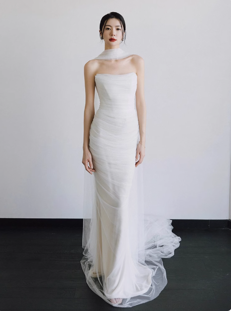 Romantic Bridal Gown Mermaid Strapless Tulle White Wedding Dresses Minimalist Bridal Gowns DP1667