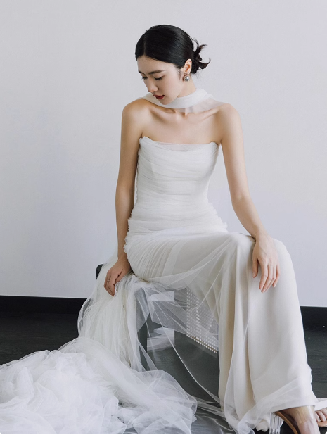 Romantic Bridal Gown Mermaid Strapless Tulle White Wedding Dresses Minimalist Bridal Gowns DP1667