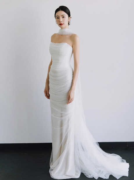 Romantic Bridal Gown Mermaid Strapless Tulle White Wedding Dresses Minimalist Bridal Gowns DP1667