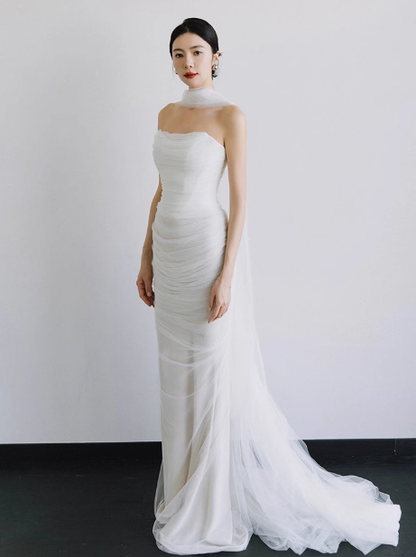 Romantic Bridal Gown Mermaid Strapless Tulle White Wedding Dresses Minimalist Bridal Gowns DP1667