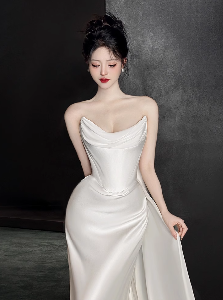Romantic Bridal Gown Mermaid Strapless Satin White Wedding Dresses Minimalist Bridal Gowns DP1668