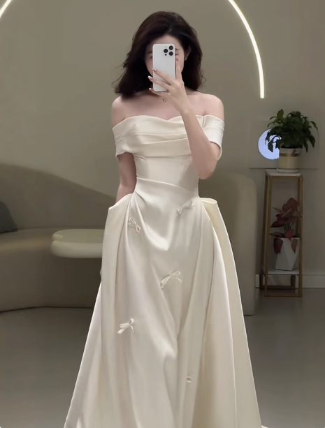 Ethereal Wedding Dress A Line Off The Shoulder Satin Wedding Dresses Bridal Gowns DP1669