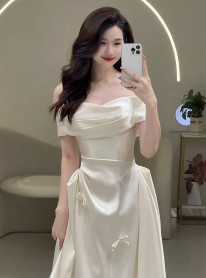 Ethereal Wedding Dress A Line Off The Shoulder Satin Wedding Dresses Bridal Gowns DP1669