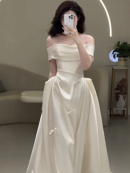 Ethereal Wedding Dress A Line Off The Shoulder Satin Wedding Dresses Bridal Gowns DP1669