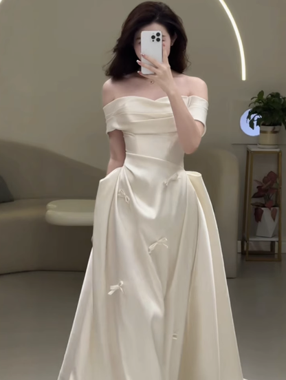 Ethereal Wedding Dress A Line Off The Shoulder Satin Wedding Dresses Bridal Gowns DP1669