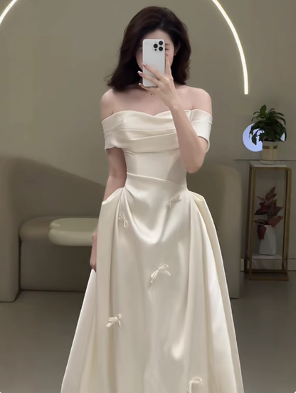Ethereal Wedding Dress A Line Off The Shoulder Satin Wedding Dresses Bridal Gowns DP1669