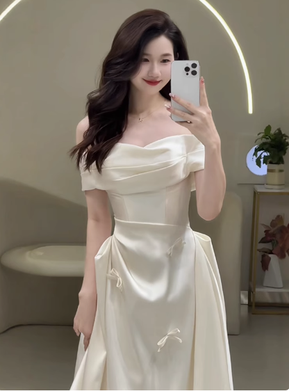 Ethereal Wedding Dress A Line Off The Shoulder Satin Wedding Dresses Bridal Gowns DP1669