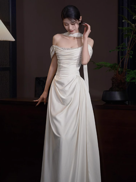 Ethereal Wedding Dress A Line Off The Shoulder Satin Wedding Dresses Bridal Gowns DP1670