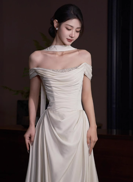 Ethereal Wedding Dress A Line Off The Shoulder Satin Wedding Dresses Bridal Gowns DP1670