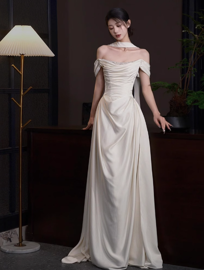 Ethereal Wedding Dress A Line Off The Shoulder Satin Wedding Dresses Bridal Gowns DP1670